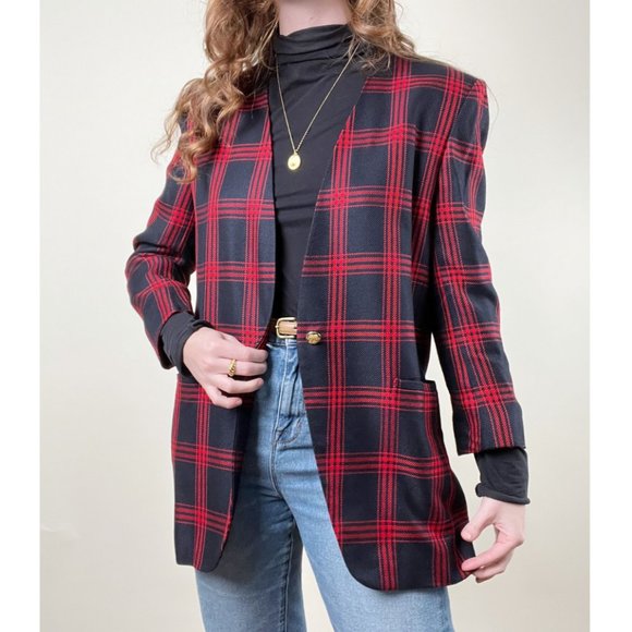 Vintage Long Plaid Oversized Blazer Jacket Coat Trench Peacoat Preppy Academia - Picture 1 of 7